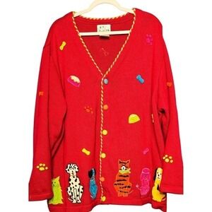 The Quarter Turn Red Dog Cat Tiger Animal Applique Button Cardigan Sweater‎ 2X
